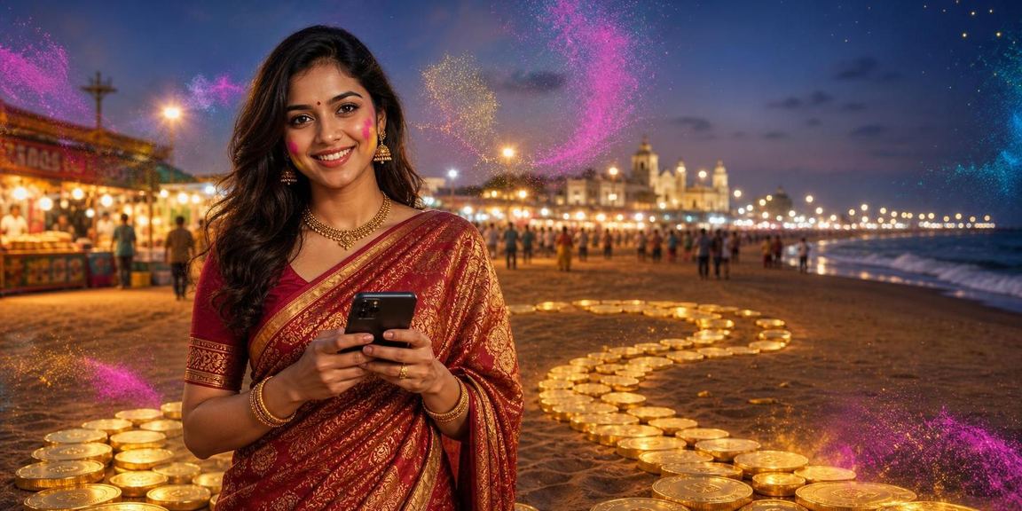 Playing Teen Patti card game on mobile at Chennai Marina Beach